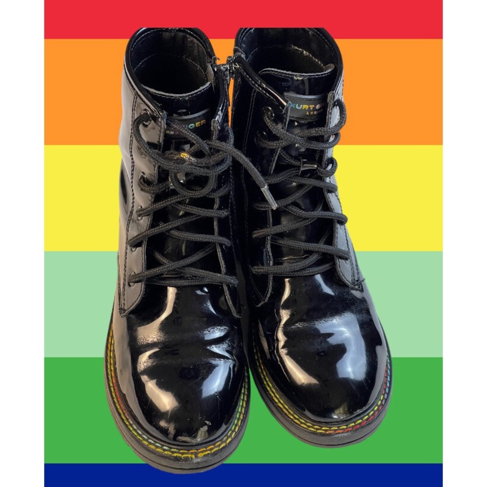 Kurt Geiger Kids Black Patent Birdie‎ Combat Boots With Rainbow Stitches Size 4
